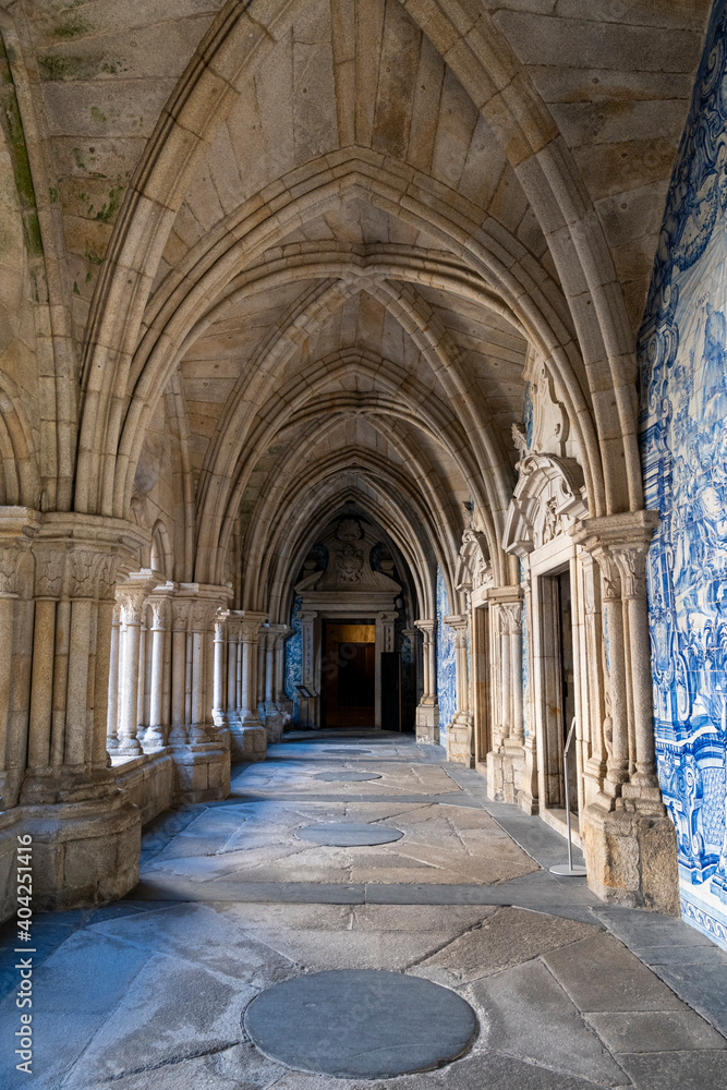 Porto Cathedral hall. Medieval architecture and traditional Portuguese blue tiles.
