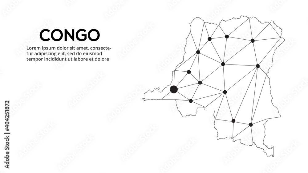 Congo communication network map. Vector image of a low poly global map with city lights. Map in the form of lines and dots Congo communication network map. Vector image of a low poly global map with city lights. Map in the form of lines and dots