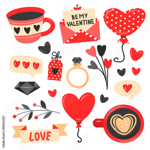 Valentine's day symbols collection, contrast colors on whine background