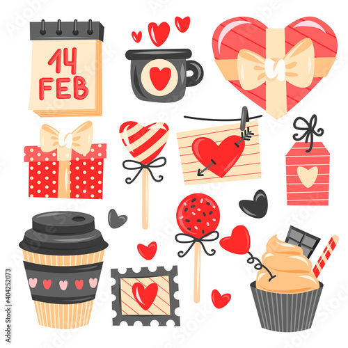 Valentine's day collection of symbols, contrast colors on whine background