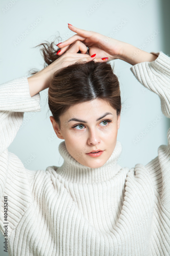 Fototapeta premium Potrait of beautiful european white woman with clear and perfect skin. Russian gorgeous photo model.