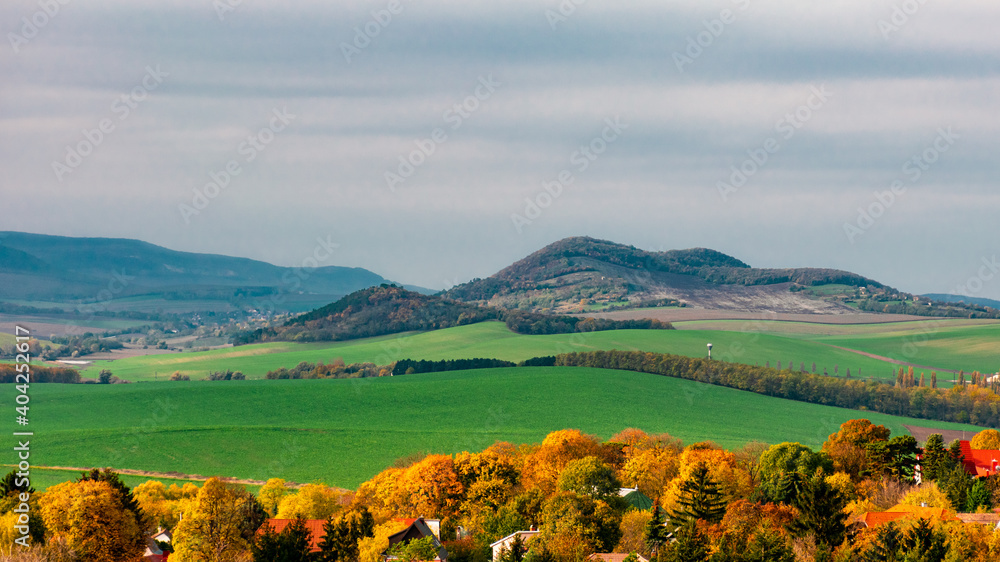 View of the Gerecse hills and fields in autumn colors.
