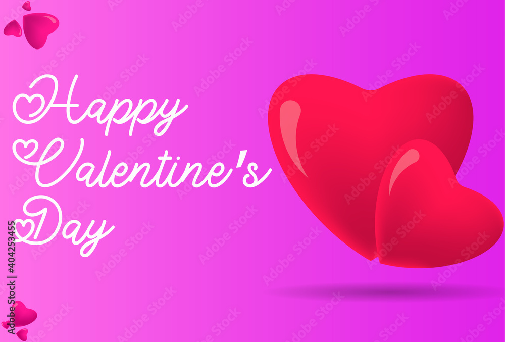 Happy valentine's day banner or greeting card with typography and realistic red love isolated on pink background vector design