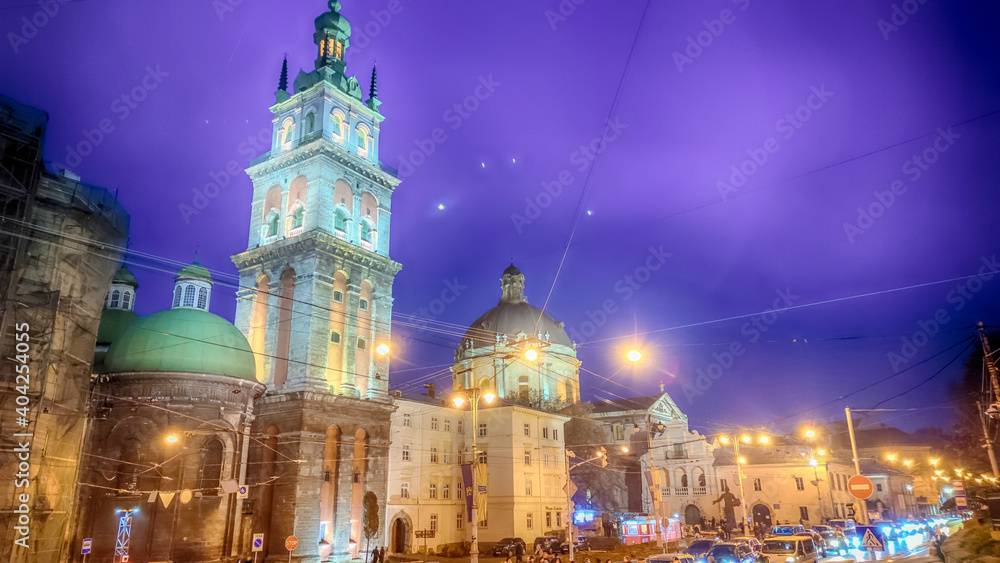 Night Lviv old city architecture in the Christmas