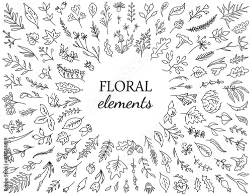 Set of hand drawn flower elements. Vintage floral collectoin. Branches, leaves, herbs, foliage and other botanical elements. Perfect for create greeting cards, invitations, , quotes, Wedding Frames an