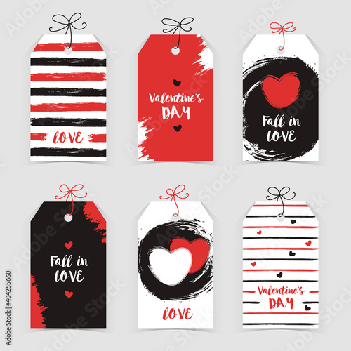 Valentine's day flat label collection with lettering, contrast colors on whine background