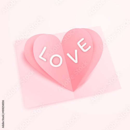 Web3D origami pink heart paper art  with greeting card background. Love concept for valentine's day. Banner template. vector art illustration. photo