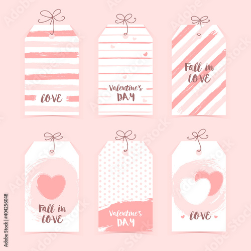 Valentine's day flat label collection with lettering, pastel colors on whine background