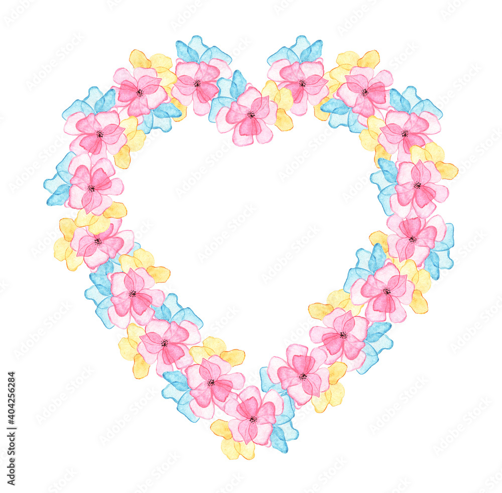Heart frame with delicate pink, blue and yellow watercolor flowers. Composition on a white background. Valentine's Day, Wedding. Place for text. Heart frame with delicate pink, blue and yellow watercolor flowers. Composition on a white background. Valentine's Day, Wedding. Place for text.
