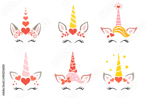 Set of valentine unicorns. Cute unicorn head and unicorn face with closed eyes, hearts, horn and long eyelashes. Design for kids shirts postcards and posters. Fairy magic animals for valentines day ca