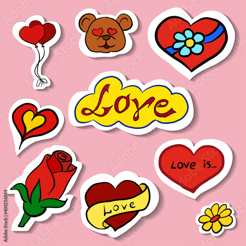 Beautiful love and passion stickers, shiny icons for Valentine's Day, vector elements