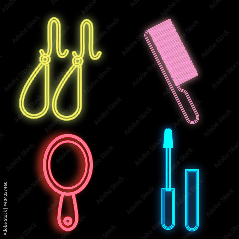 set of earrings, combs, mascaras and mirrors of neon bright colors on a black background. flatlay. a set of tools for makeup artists. tools for creating makeup and personal care. illustration set of earrings, combs, mascaras and mirrors of neon bright colors on a black background. flatlay. a set of tools for makeup artists. tools for creating makeup and personal care. illustration
