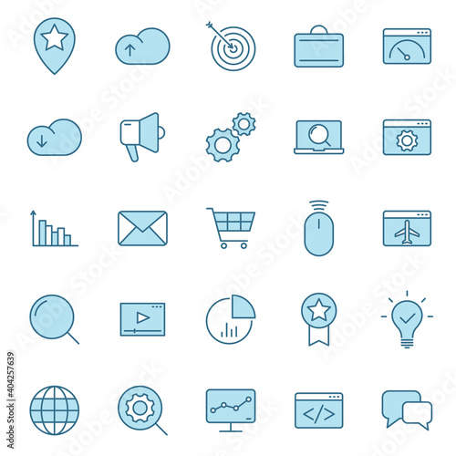 Seo flat vector icons in two colors isolated on white background. Seo blue icon set for web design, ui, mobile apps and print