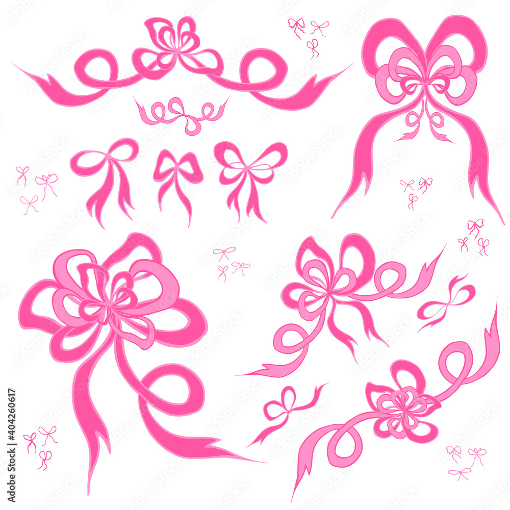 A set of bright pink hand-drawn bowknots isolated on white background. Collection of pretty flat vector bows elements for celebration design A set of bright pink hand-drawn bowknots isolated on white background. Collection of pretty flat vector bows elements for celebration design