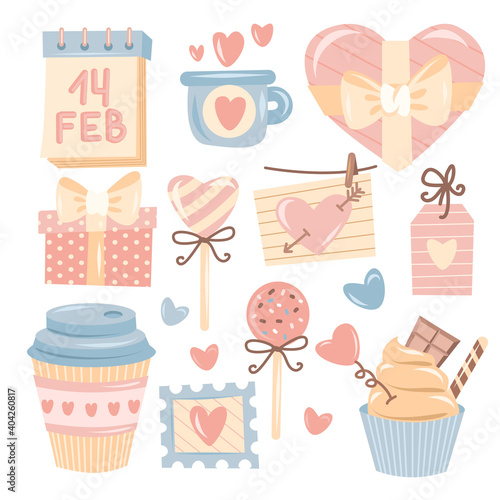 Valentine's day flat element collection, pastel colors on whine background