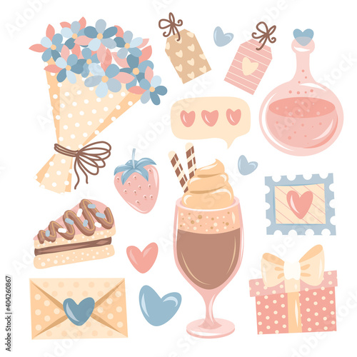 Valentine's day flat symbols collection, pastel colors on whine background
