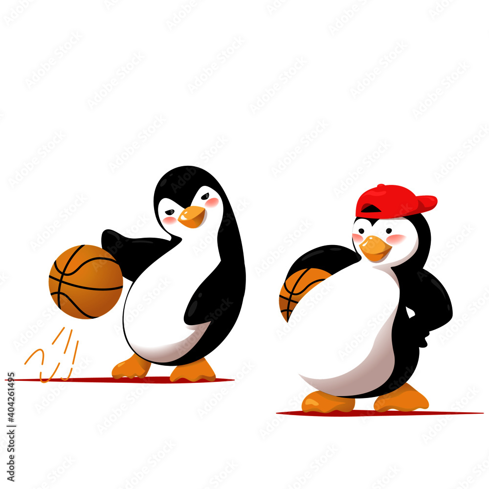 Fototapeta premium Cartoon penguins play basketball outdoors. Vector illustration isolated on white background.