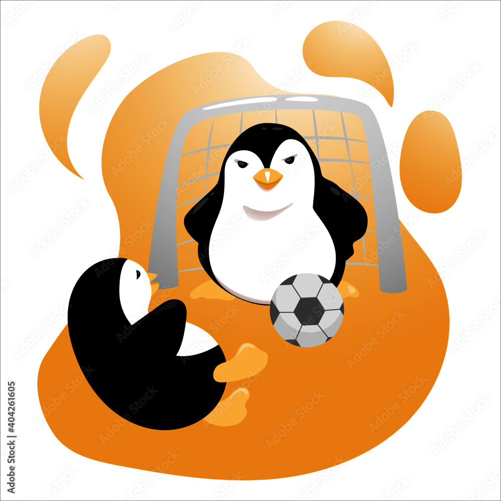 Fototapeta premium Cartoon penguins play football outside. Vector Illustration.