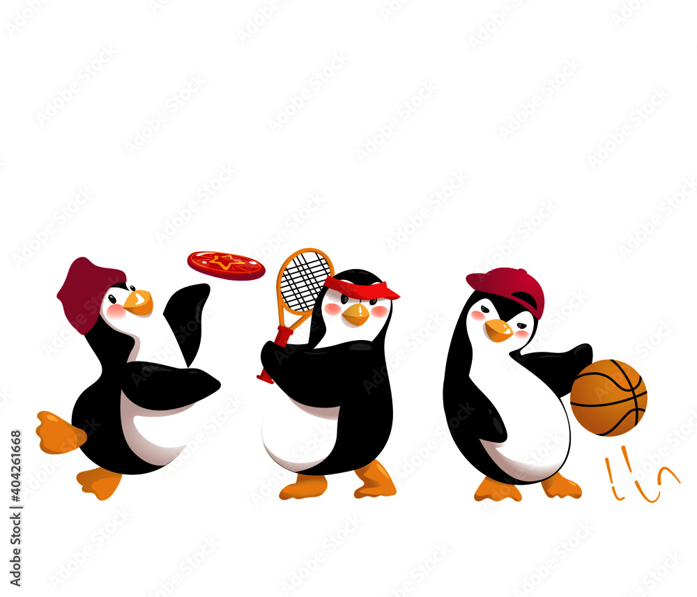 Fototapeta premium Three Friendly Cartoon Penguins are Out for Sports. Tennis, basketball and flying disc players. Vector Illustration isolated on white background.