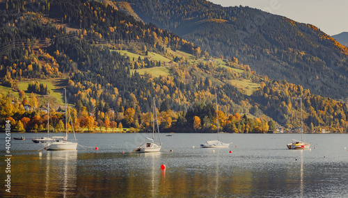Beautiful view from Lake Zell. Wonderful Autumn landscape in Alps with Zeller Lake in Zell am See, Salzburger Land, Austria. Natural background. © jenyateua