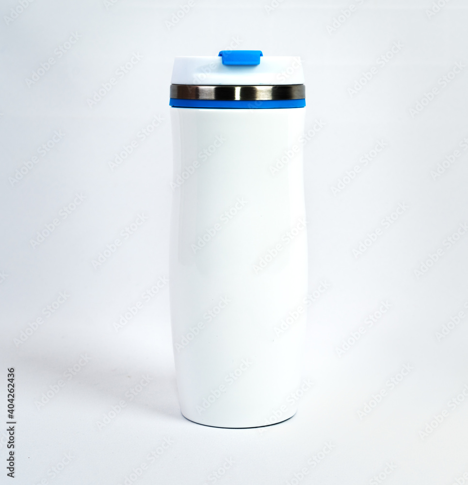 Thermal mugs white metal travel with blue elements. On white background Thermal mugs white metal travel with blue elements. On white background