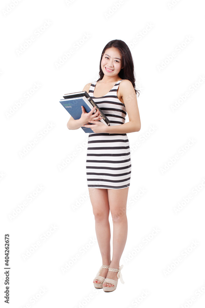 Young woman in a striped dress holding book Young woman in a striped dress holding book