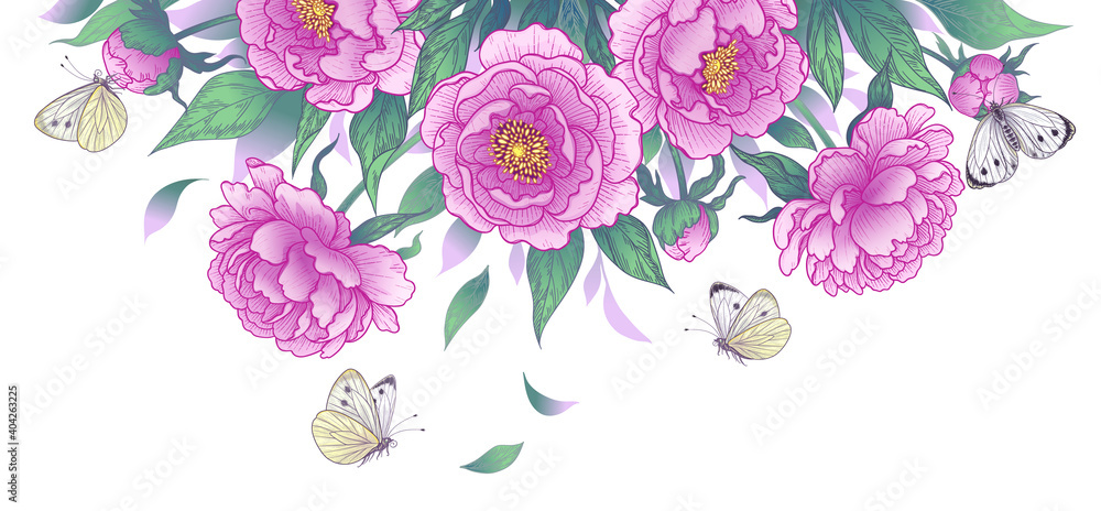 Vintage Background with  Pink Peony Flowers  and  Flying Butterflies