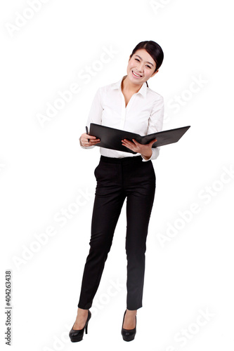 Businesswoman holding a pen and a portfolio