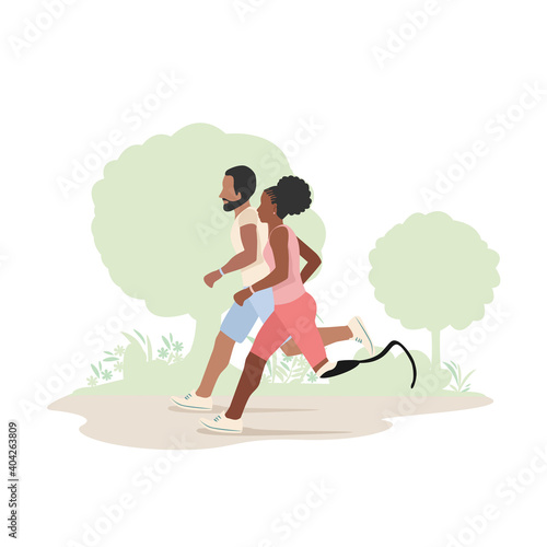A man and a black girl with a prosthetic leg run in the park. Active lifestyle. Background vector illustration.