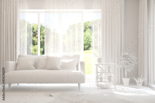 White living room with sofa and summer landscape in window. Scandinavian interior design. 3D illustration © AntonSh