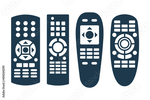 Four remote controls. Technology communication switch button. Program device. Wireless keyboard. Isolated flat illustration on white background. Universal electronic controller