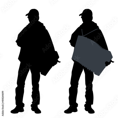 Vector black silhouette of a young man with an accordion, button accordion. Guy in glasses and a baseball cap holds a musical instrument in his hands, isolated on a white background