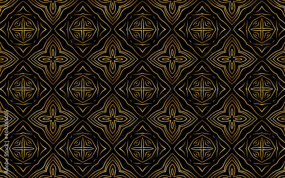 Ethnic gold pattern ornament. Geometric black background Design for wallpaper decor, wrapping paper, textile, fabric, website, stained glass window.