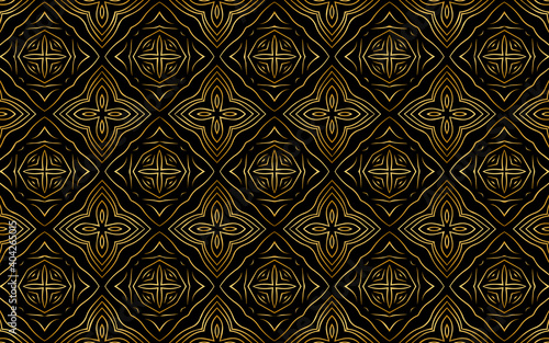 Ethnic gold pattern ornament. Geometric black background Design for wallpaper decor, wrapping paper, textile, fabric, website, stained glass window.