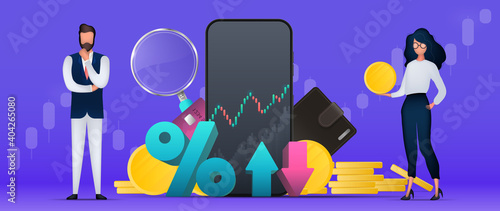 Man and woman are businessmen. Financial trading banner. Percentage with up and down arrows. Wallet, bank card, schedule, magnifier, phone. Vector.