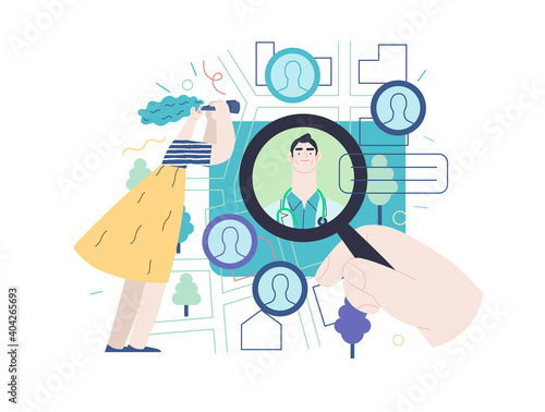 Find a doctor -medical insurance illustration -modern flat vector concept digital illustration - a hand with a magnifying glass, a woman with binocular, doctors portraits - a doctor searching metaphor