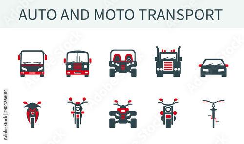 A set of vector illustrations, icons and logos of cars, trucks and buses, motorcycles, bicycles and ATVs.