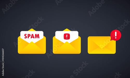 Spam message. Email warning concept. Envelope with spam. Alert message notification. Danger error alerts. Stop spam vector illustration. Virus problem