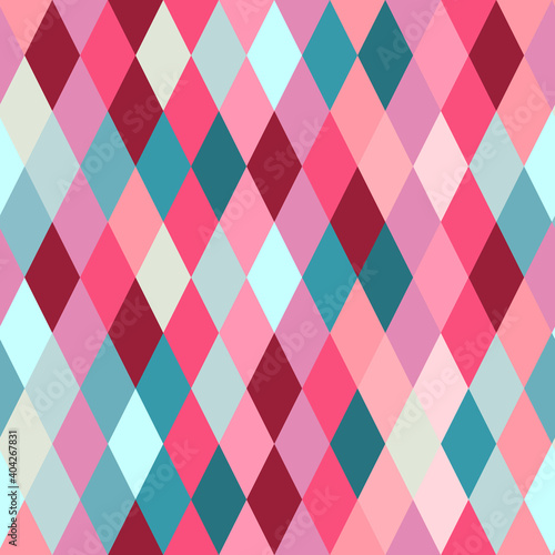Seamless lozenge pattern of red, pink, blue colors. Rhombus repeating background for wrapping paper, surface design and other design projects