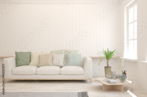 White living room with sofa. Scandinavian interior design. 3D illustration