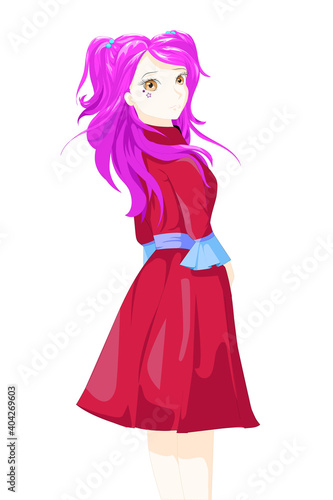 Anime girl with purple hair, eyes brown used red outfit under the tree and white background