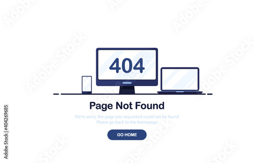 Vector illustration 404 error page not found banner. Computer, laptop and phone with text 404. System error, broken page. For website. Web Template. Blue. Eps 10