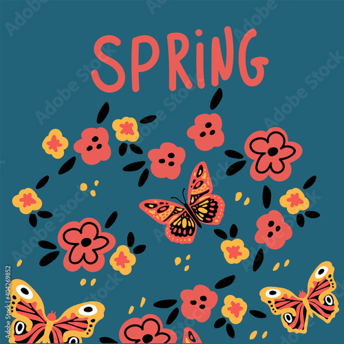 Postcard with butterflies and flowers. Cute moths and moths on a background of flowers. With lettering Spring. Vector illustration