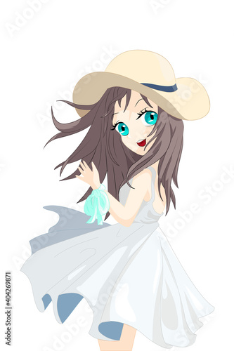 Anime girl brown long hair using white dress and yellow hat at summer
