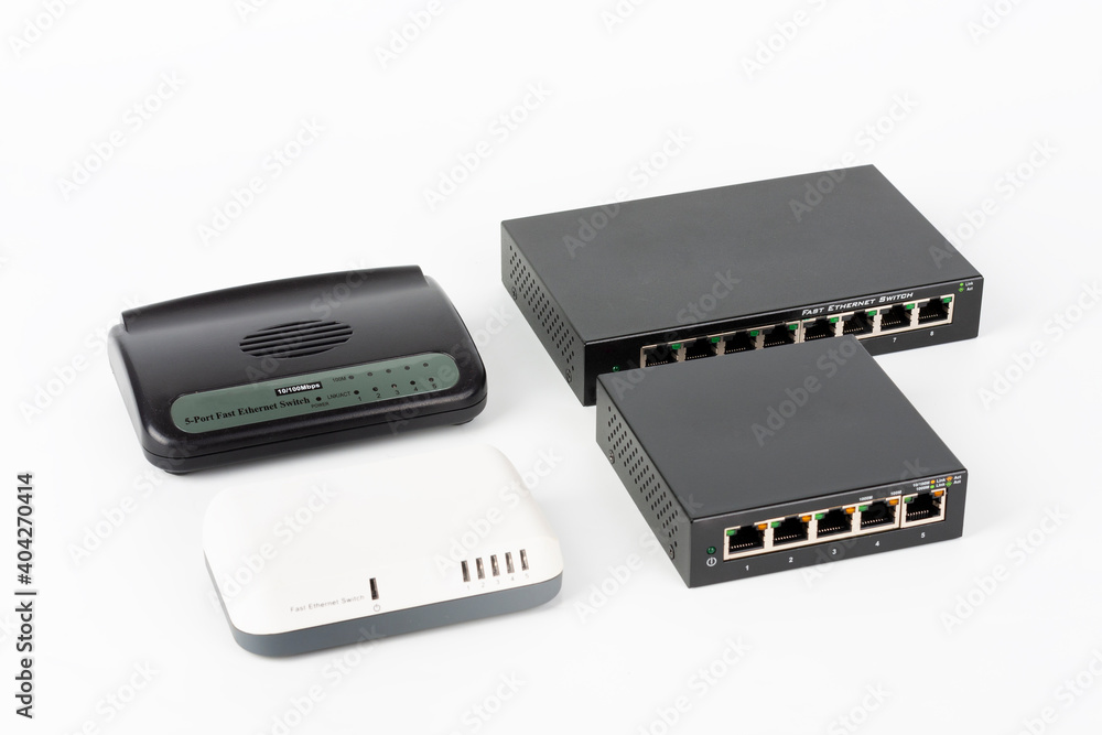 Three slower 10 or 100 Mbps Fast Ethernet switches and 5-port gigabit desktop switch Three slower 10 or 100 Mbps Fast Ethernet switches and 5-port gigabit desktop switch