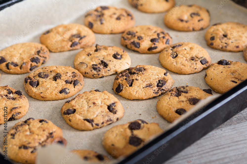 Freshly baked cookies with chocolade chips on baking tray Freshly baked cookies with chocolade chips on baking tray