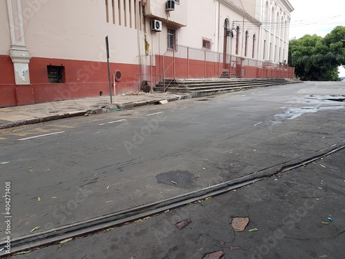 Remains of tram tracks in Manaus near the church dos Remédios. The tram was the first in Brazil, inaugurated in 1910 and closed in February 1957.