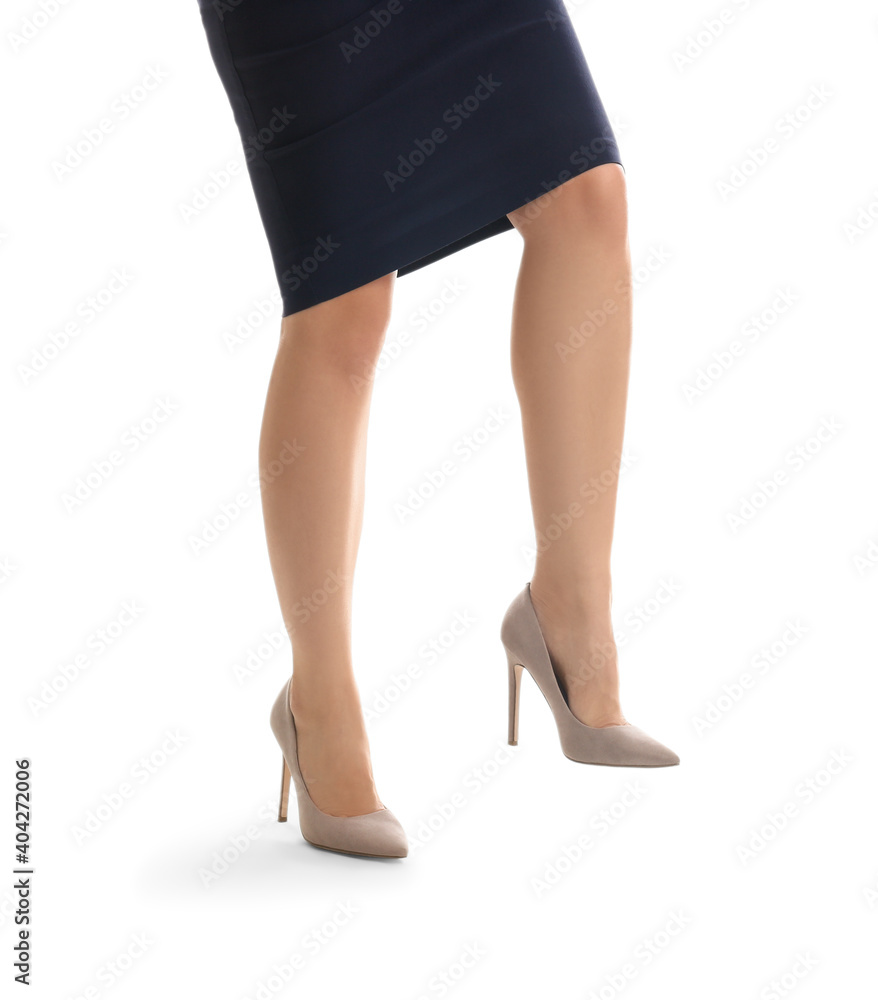 Businesswoman imitating stepping up on stairs against white background, closeup. Career ladder concept Businesswoman imitating stepping up on stairs against white background, closeup. Career ladder concept