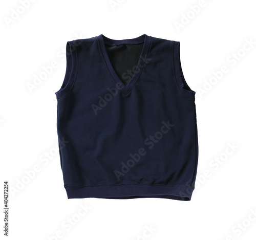 Dark blue vest isolated on white, top view. Stylish school uniform