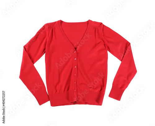 Red cardigan isolated on white, top view. Stylish school uniform photo